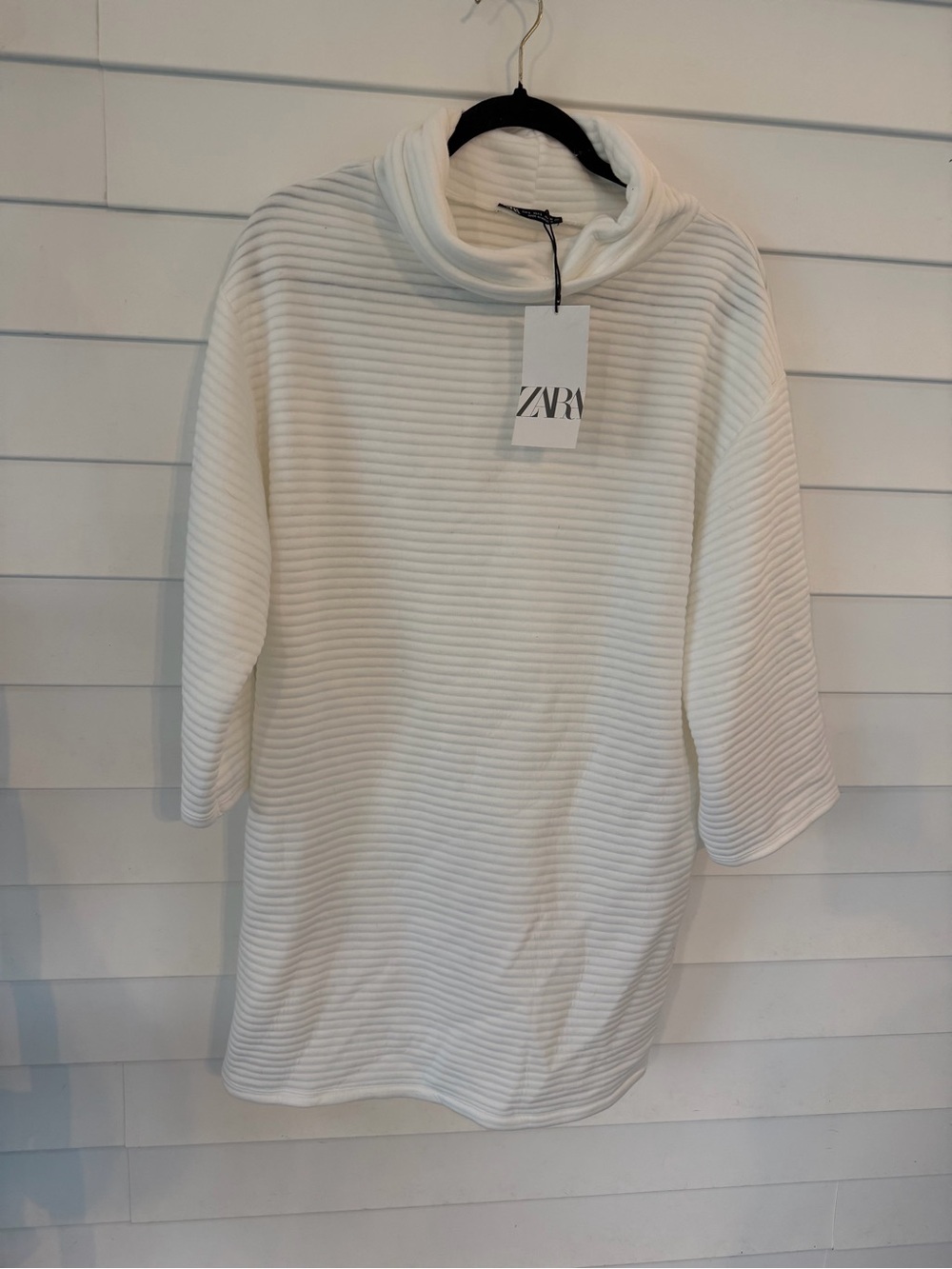 Zara White Ribbed Funnel-Neck Sweater Dress